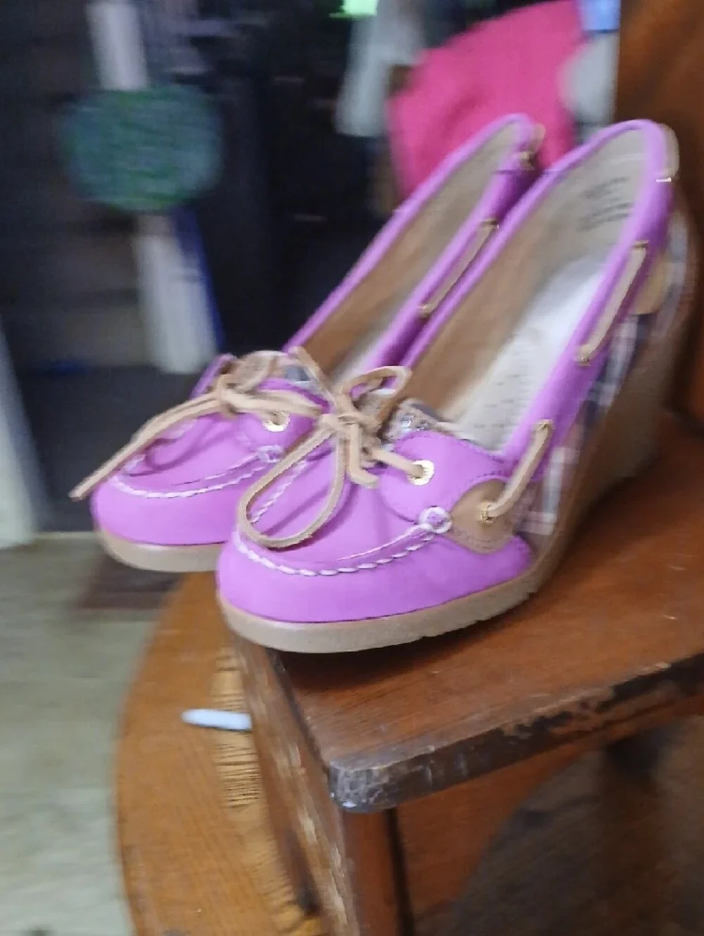 Sperry/topsider,suede Fuscia Plaid Wedge Shoes‎ with Tan Leather-Laces, Sz.8m